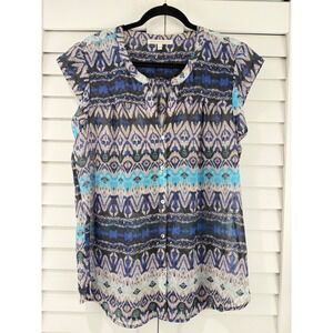 Daniel Rainn Blue Ikat Geometric Cap Sleeve Sheer Blouse V-Neck Top Womens L